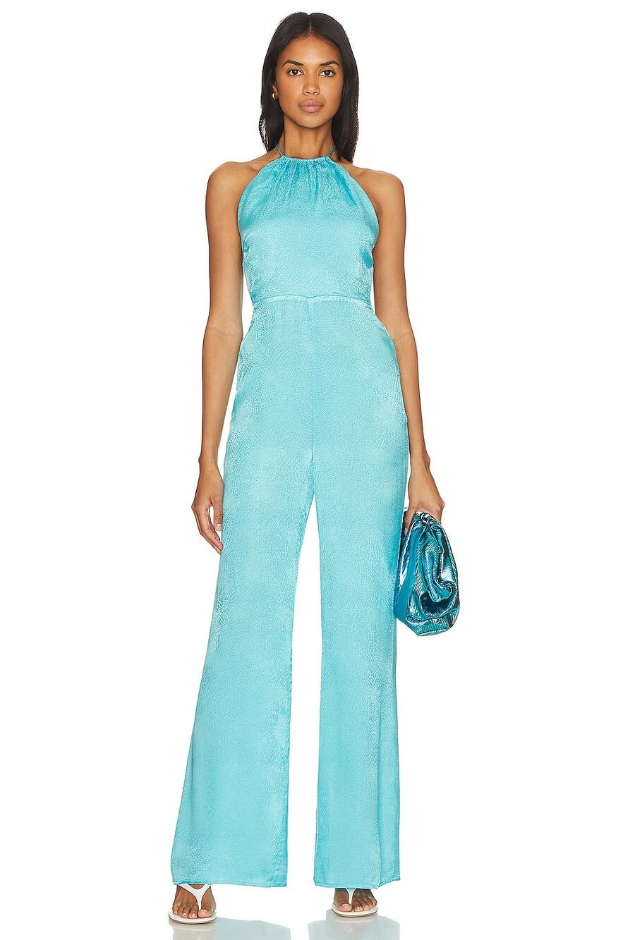 Camila Coelho Floriana Halter Jumpsuit Satin Wide Leg Party Cocktail Evening S